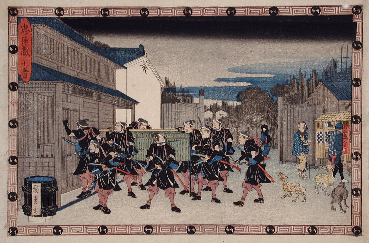 Akt X: Rōnin bär in en korg, i vilken Yuranosuke gömmer sig, till Giheis hus av Utagawa Hiroshige