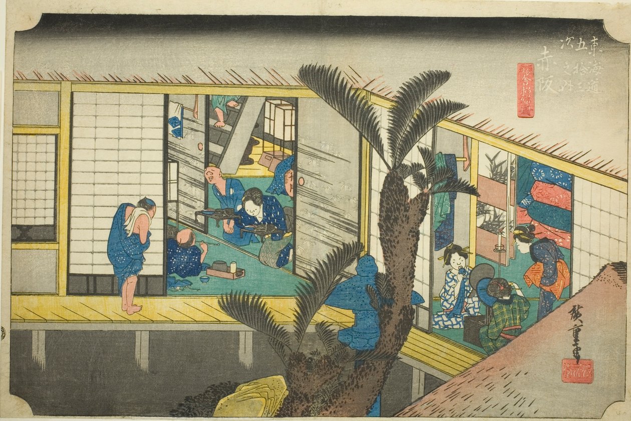 Akasaka: Waitresses at an Inn (Akasaka, ryosha shofu no zu), från serien "Fifty-three Stations of the Tokaido (Tokaido gojusan tsugi no uchi)," även känd som Hoeido Tokaido av Utagawa Hiroshige