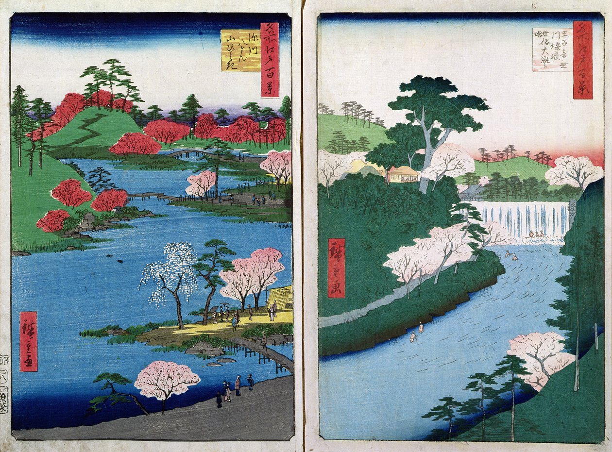 Längs flodstranden, två vyer från "60-Odd Famous Views of the Provinces", utgiven av Kosheihei 1853, (färgtrycksättning) av Utagawa Hiroshige