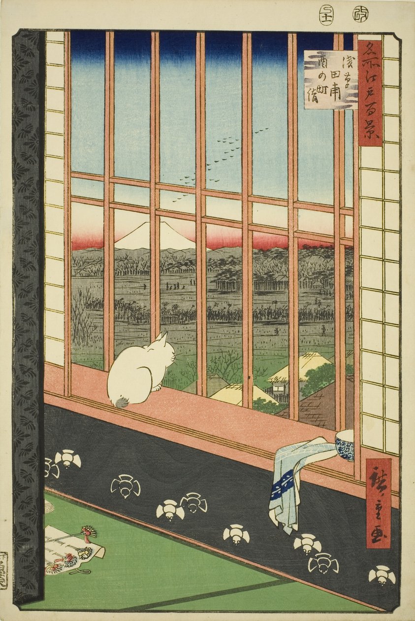 Asakusa lycee Fie lds plan d town feschival (Asakusa rice field catching town är också listad), från serien "Ridge d re d fa net view ws f Edo (berömd plats 100 views of Edo)" av Utagawa Hiroshige
