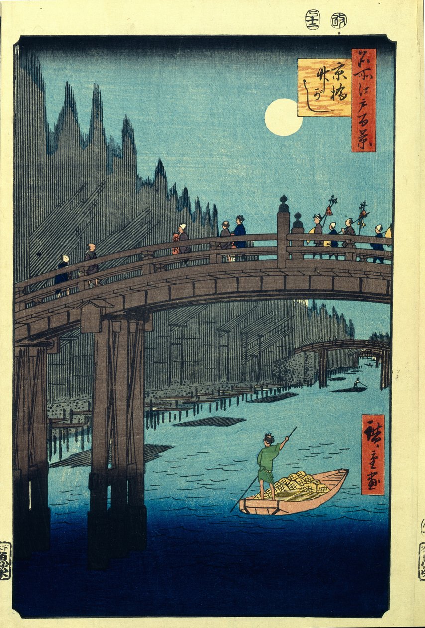 Bamboo Quay vid Kyobashi Bridge. Hundra berömda vyer av Edo, ca. 1858 av Utagawa Hiroshige
