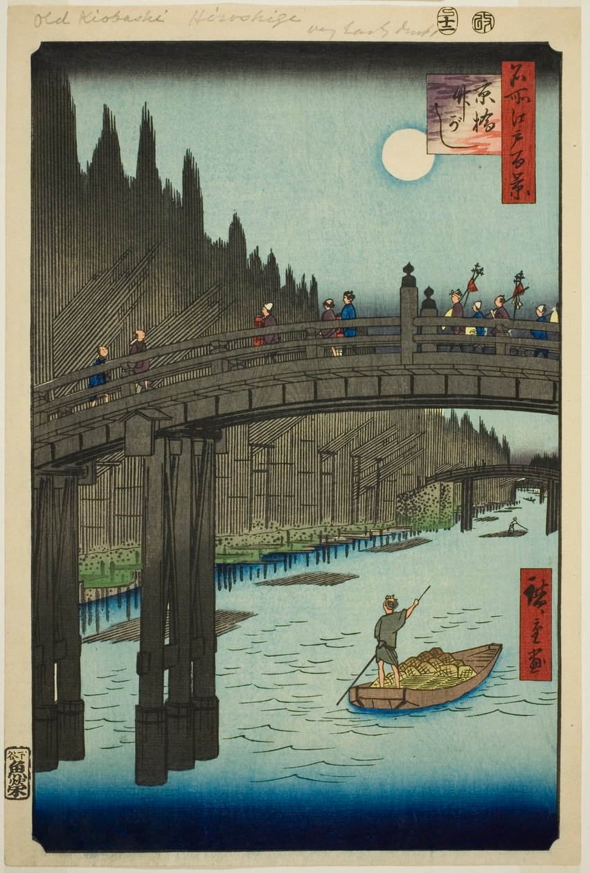 Placera m bok oya rds plan d living bri dge (ibashi bamboo river bank), från serien s ``Ridge part d re d fa net s view ws f Edo (berömd plats 100 vyer av Edo)