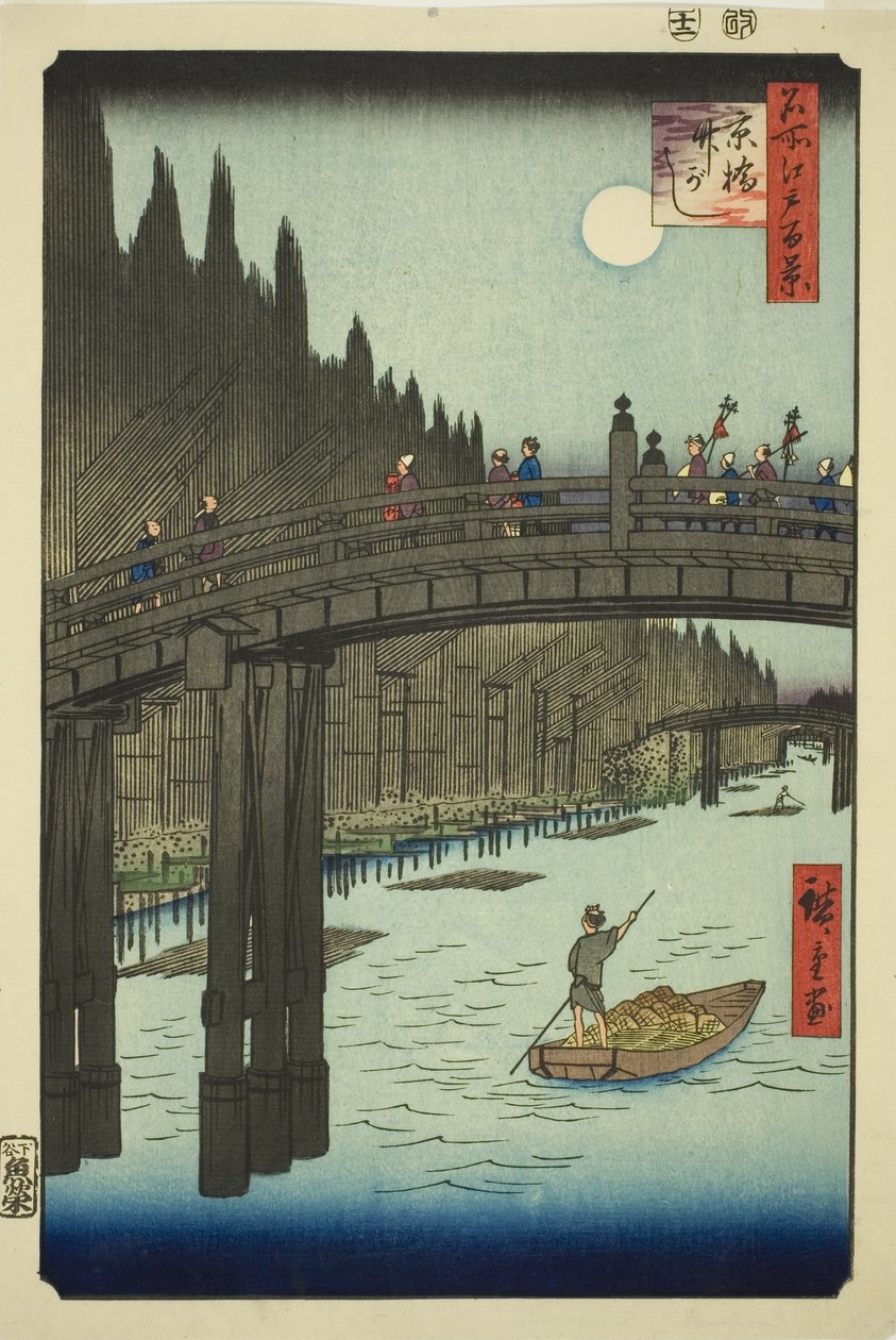 Placera m bok oya rds plan d living bri dge (ibashi bamboo river bank), från serien s ``Ridge part d re d fa net s view ws f Edo (berömd plats 100 vyer av Edo)
