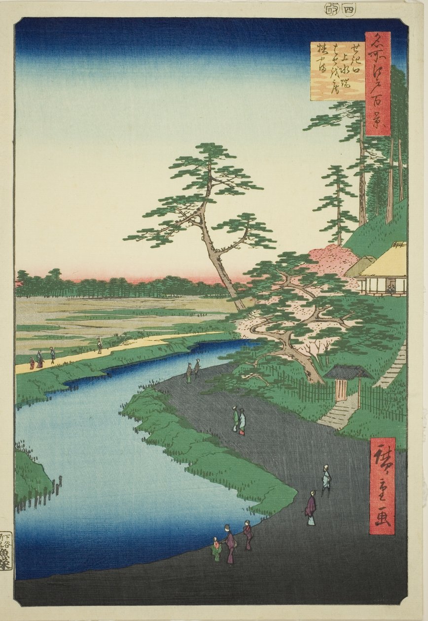Bashos stuga på Camellia Hill bredvid akvedukten vid Sekiguchi (Sekiguchi josui-bata Bashoan Tsubakiyama), från serien "Hundra berömda vyer av Edo (Meisho Edo hyakkei)" av Utagawa Hiroshige