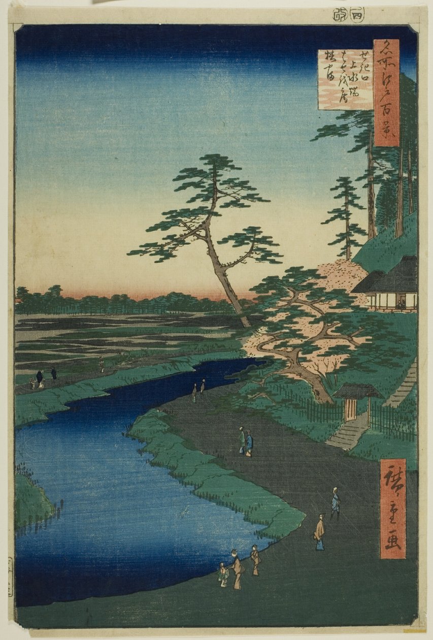 Bashos stuga på Camellia Hill bredvid akvedukten vid Sekiguchi, från serien "Hundra berömda vyer över Edo (Meisho Edo hyakkei)" av Utagawa Hiroshige