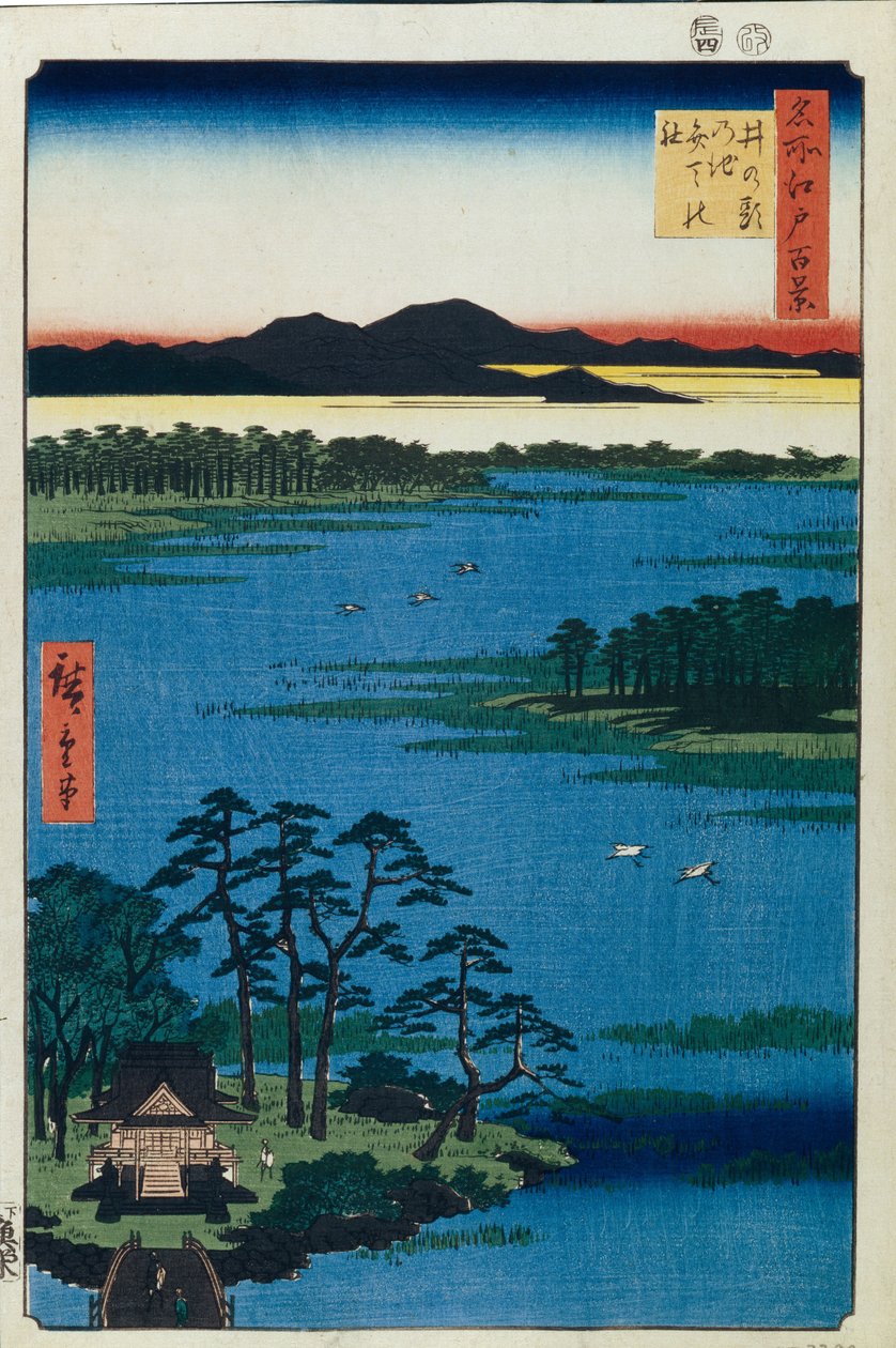 Benten Shrine vid Inokashira Pond. Hundra berömda vyer av Edo, ca. 1858 av Utagawa Hiroshige