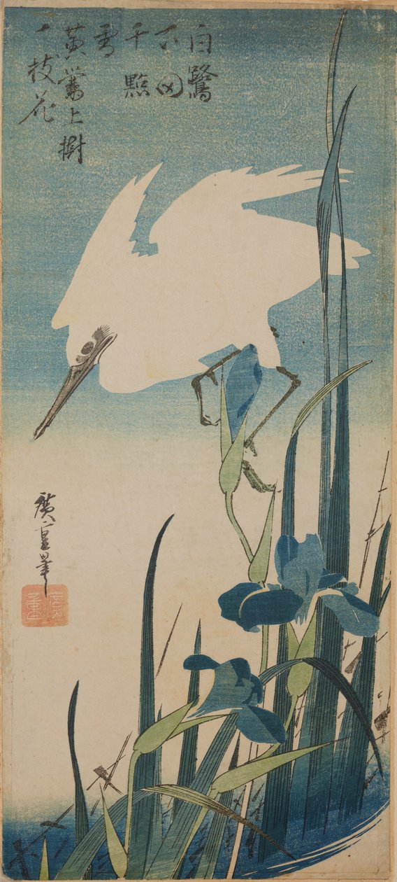 En vit, flygande häger och blå irisar / Shobu to shirasagi av Utagawa Hiroshige