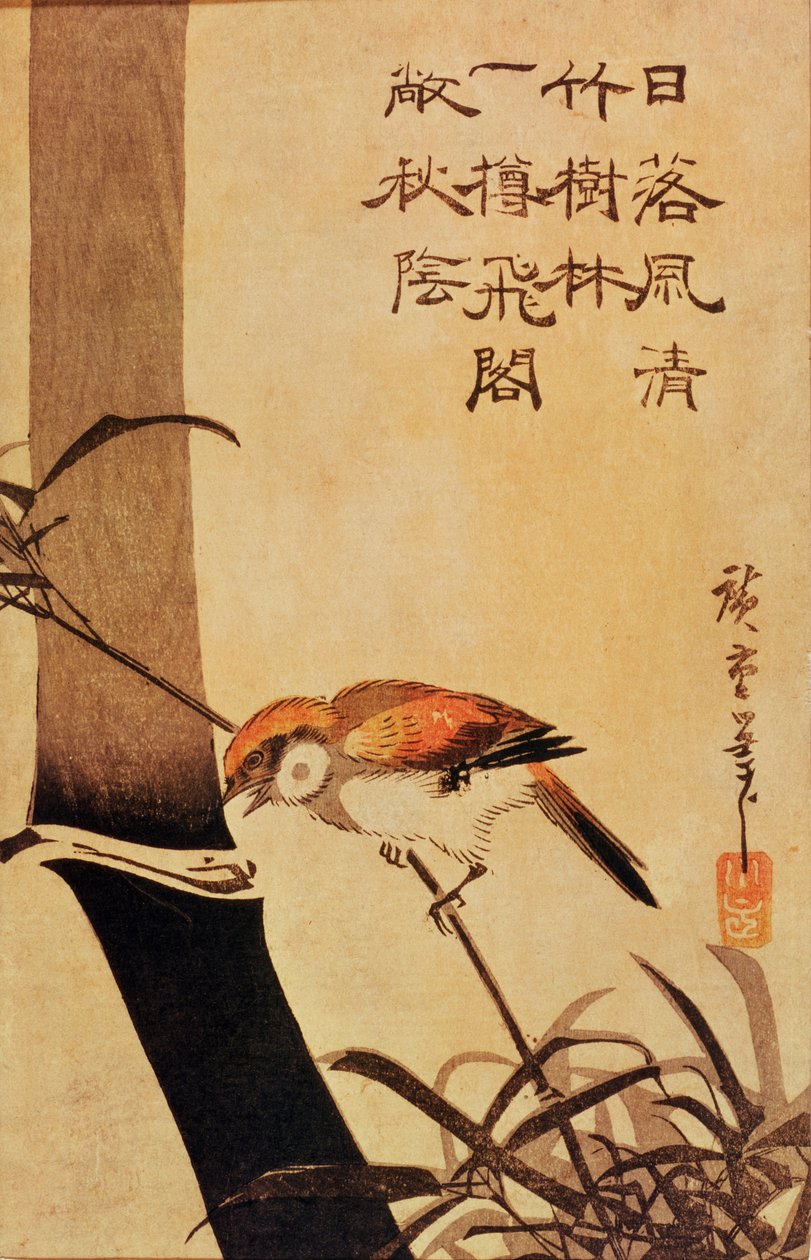 Fågel och bambu, ca 1830, (träblock i färg) av Utagawa Hiroshige