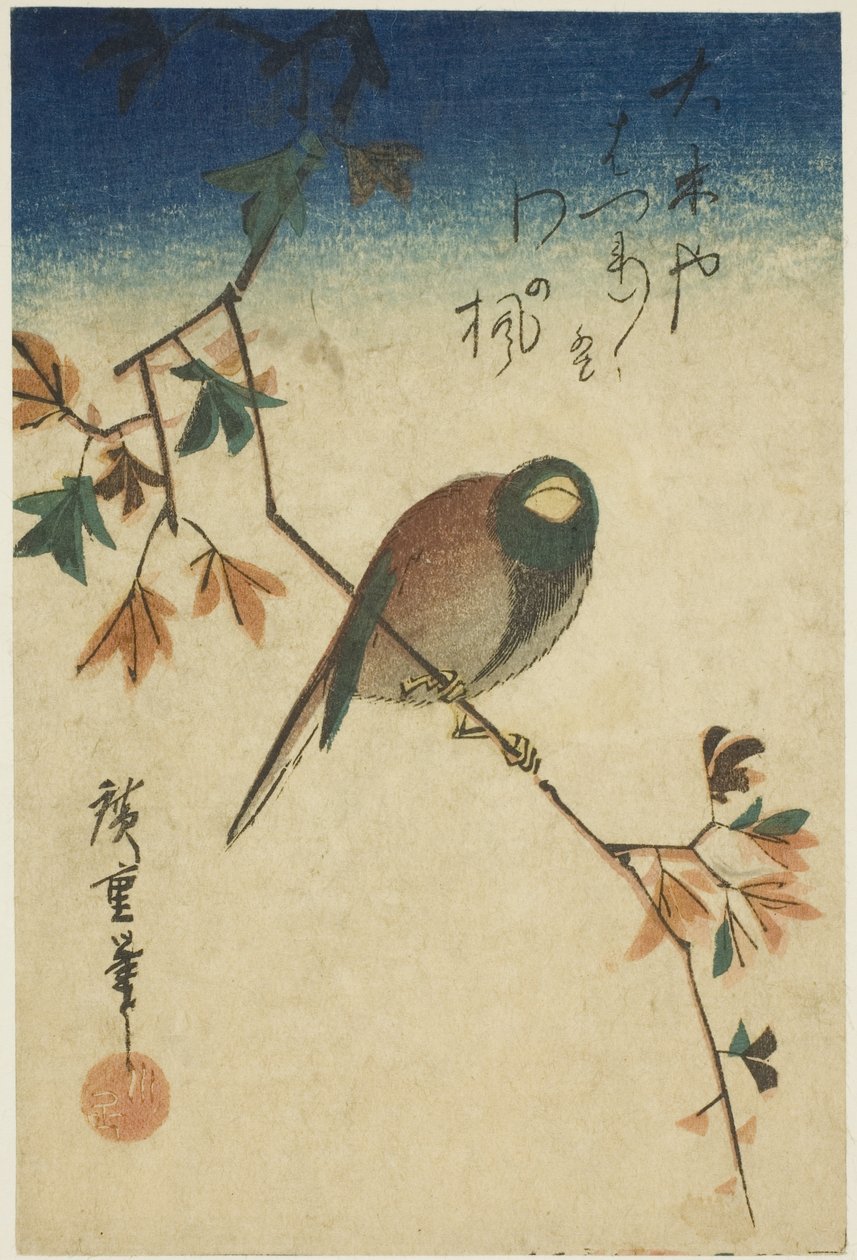 Fågel på lönngren av Utagawa Hiroshige