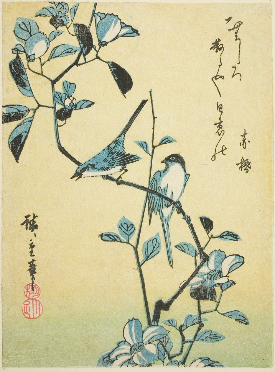 Fåglar på kameliagren av Utagawa Hiroshige