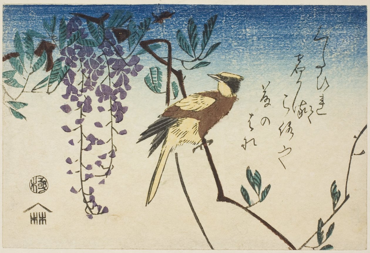 Svartnackad oriole och blåregn av Utagawa Hiroshige