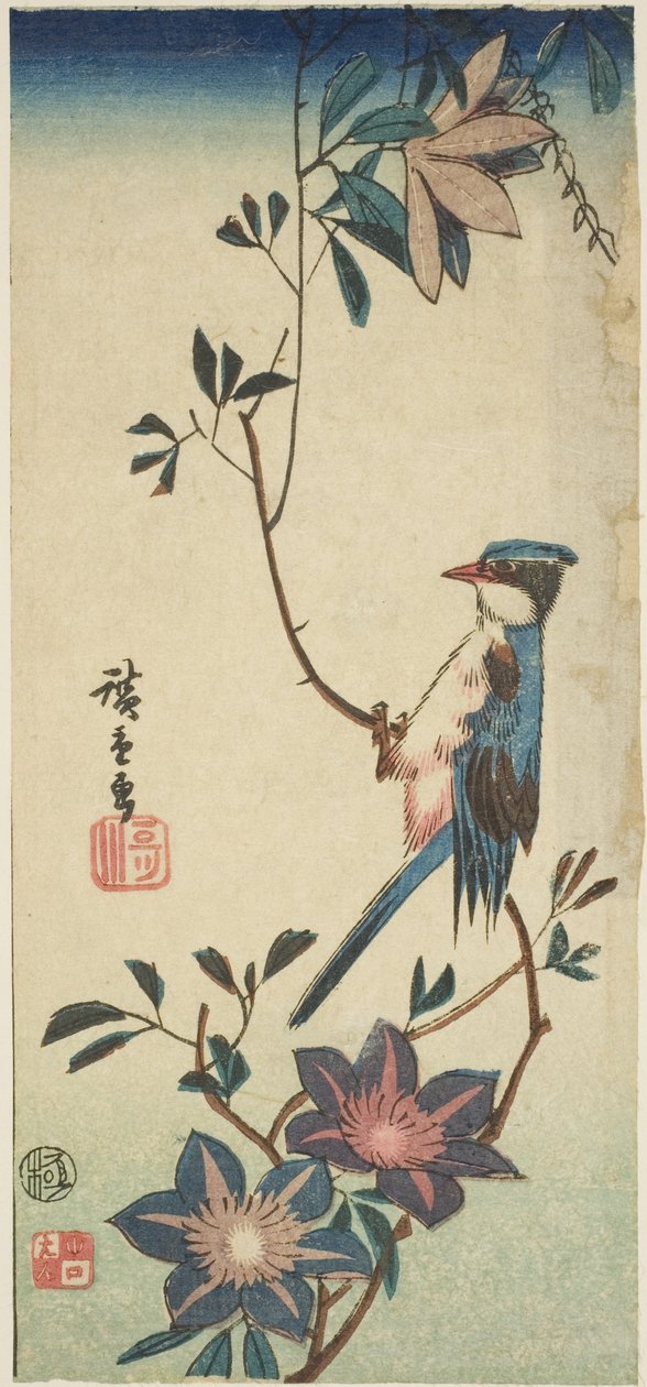 Blå fågel på klematis av Utagawa Hiroshige