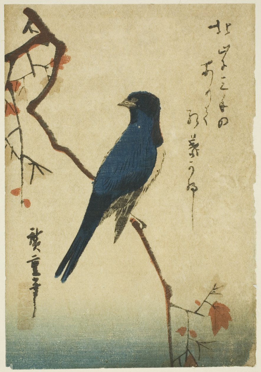 Blå fågel på lönngren av Utagawa Hiroshige