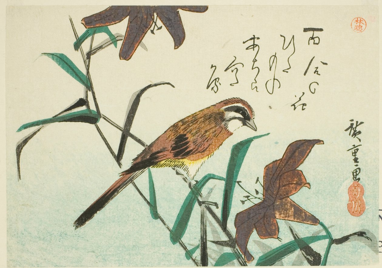 Bunting och liljor av Utagawa Hiroshige