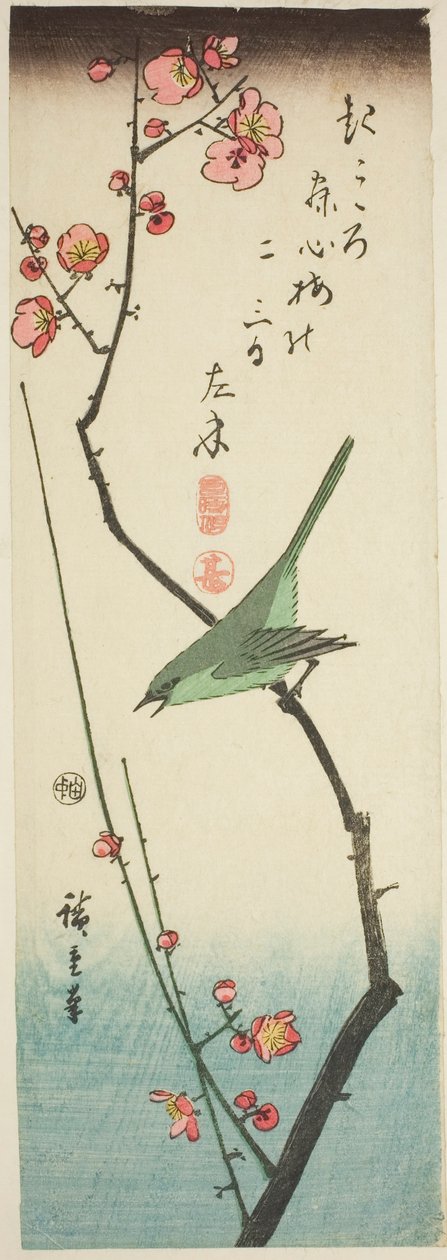 Busksångare på plommongren av Utagawa Hiroshige