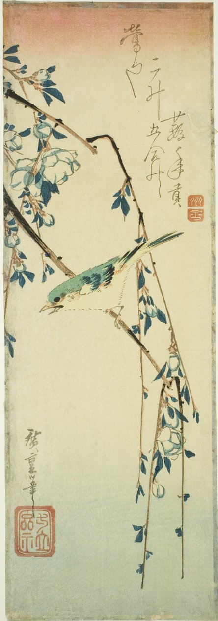 Busksångare på plommongren av Utagawa Hiroshige