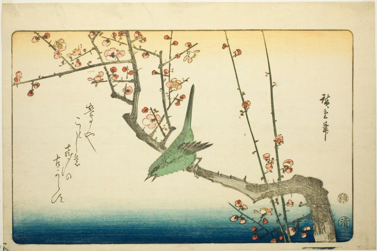Busksångare på plommongren av Utagawa Hiroshige