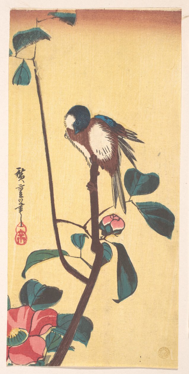 Kamelia och blåhövdad fågel av Utagawa Hiroshige