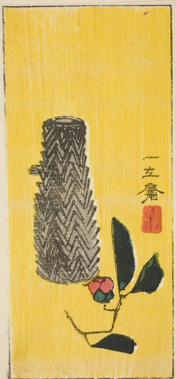 Camellia och korg, sektion av ett namnlöst harimaze-ark av Utagawa Hiroshige