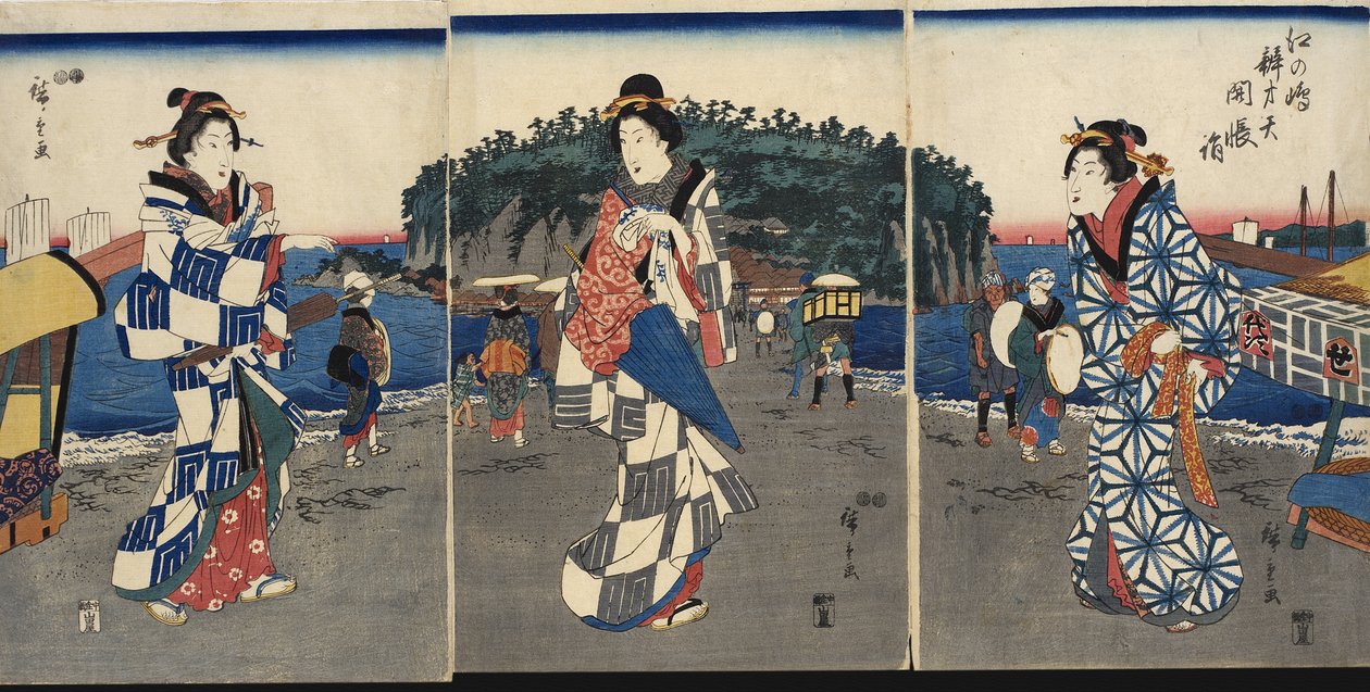 Ceremoni för avtäckningen av ikonen vid Benzaiten på Enoshima av Utagawa Hiroshige