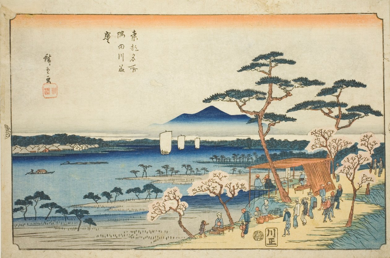 Körsbärsblommor i full blom längs floden Sumida (Sumidagawa hanazakari), från serien "Famous Places in the Eastern Capital (Toto meisho)" av Utagawa Hiroshige