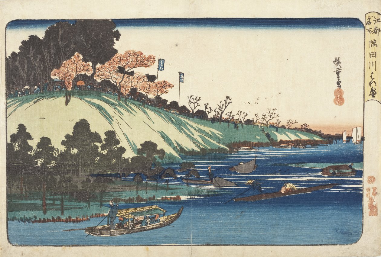 Körsbärsblommor i full blom längs Sumidafloden av Utagawa Hiroshige