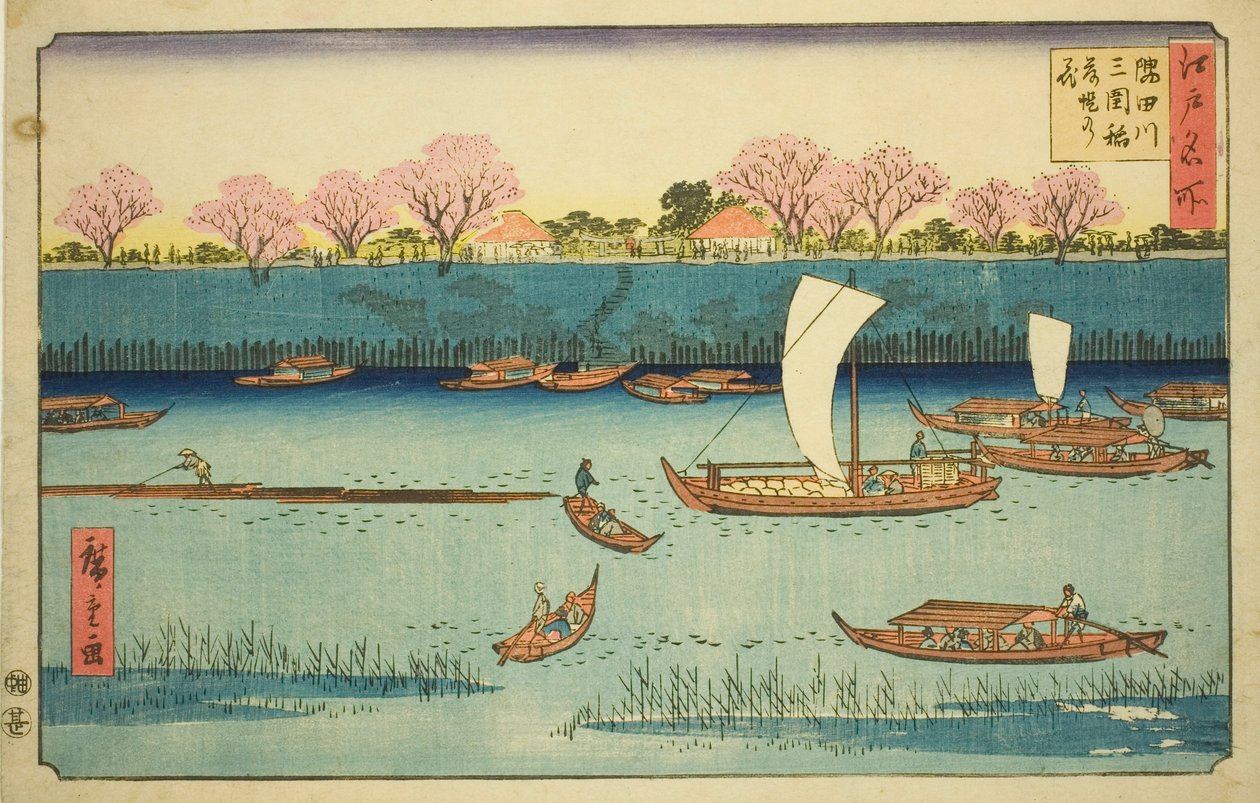 Körsbärsträd längs Sumida River Bankment vid Mimeguri Inari Shrine (Sumidagawa Mimeguri Inari tsutsumi no hana), från serien "Famous Places in Edo (Edo meisho)" av Utagawa Hiroshige