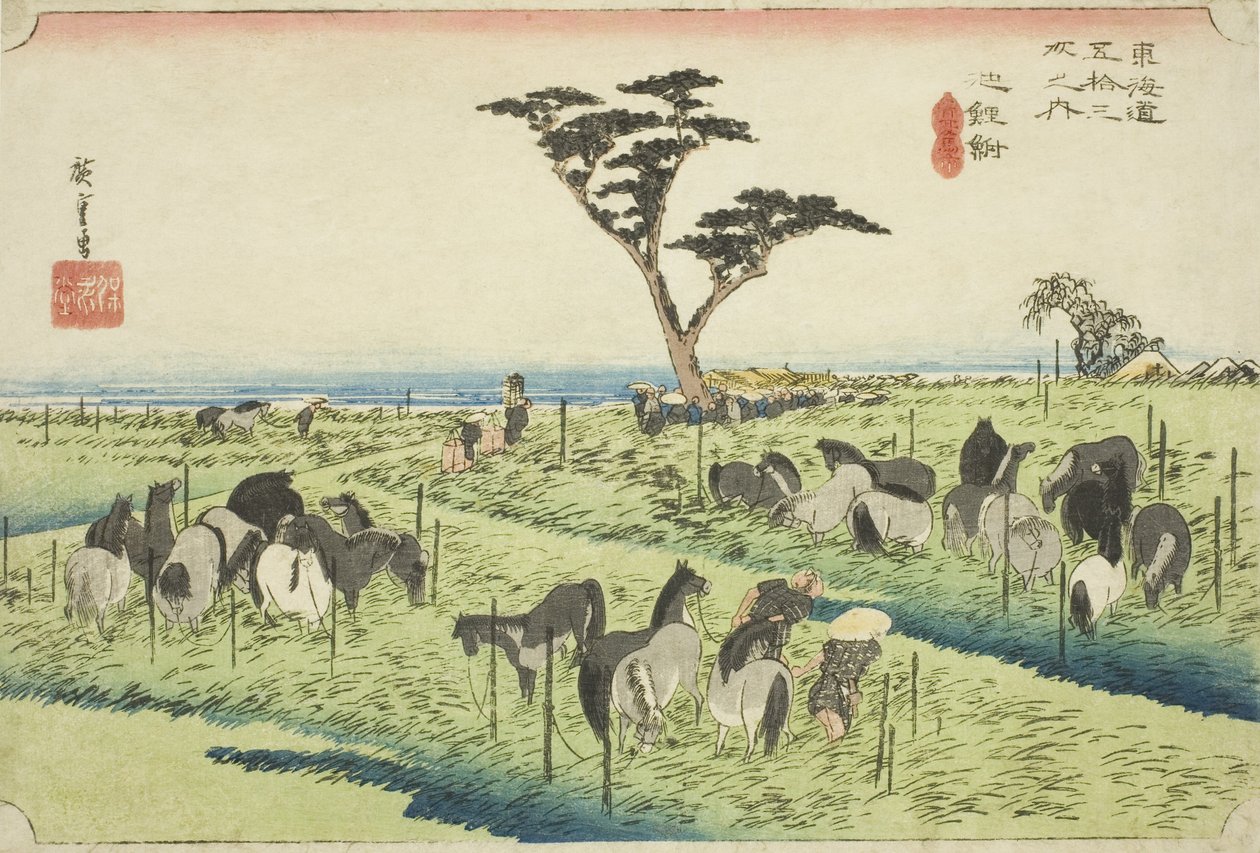 Chiryu: Early Summer Horse Market (Chiryu, shuka uma ichi), från serien "Fifty-three Stations of the Tokaido (Tokaido gojusan tsugi no uchi)," även känd som Hoeido Tokaido av Utagawa Hiroshige