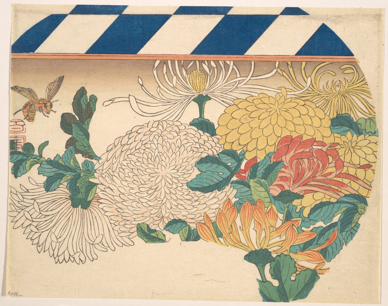 Krysantemum i fläktformad komposition av Utagawa Hiroshige
