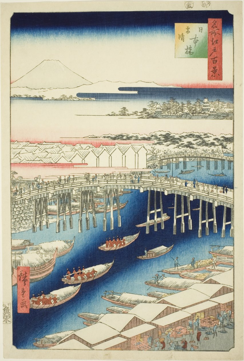 C ware ware av hand r S w at Japan B Ridge (Nihonbashi snow clear), från serien "Ridge dre d fa net view ws f Edo (berömd plats Edo 100 views)" av Utagawa Hiroshige