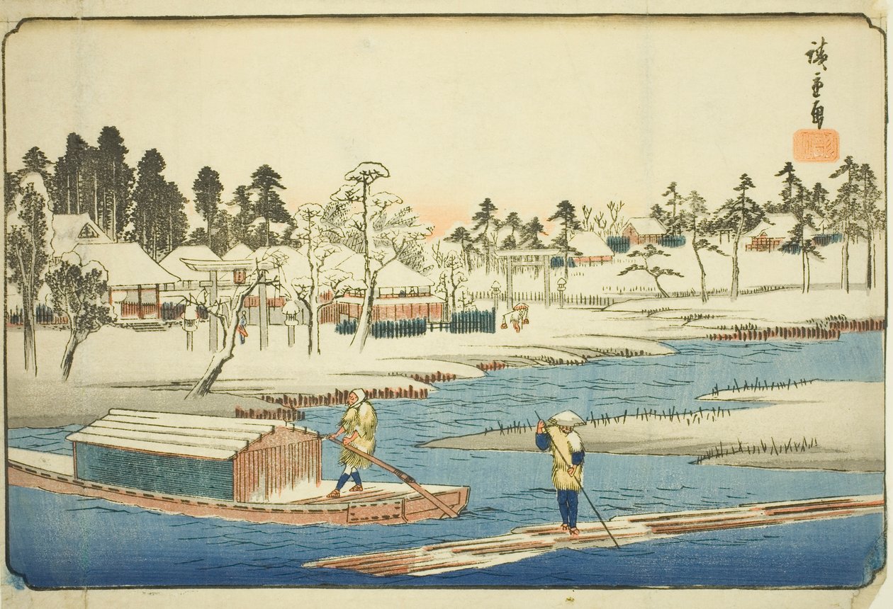 Klart väder efter snö i Massaki (Massaki yukibare no zu), från serien "Famous Places in the Eastern Capital (Toto meisho)" av Utagawa Hiroshige
