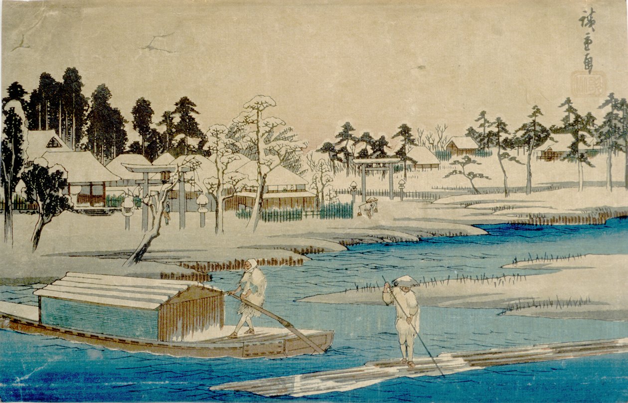 Uppklarnande snöfall vid Masaki av Utagawa Hiroshige