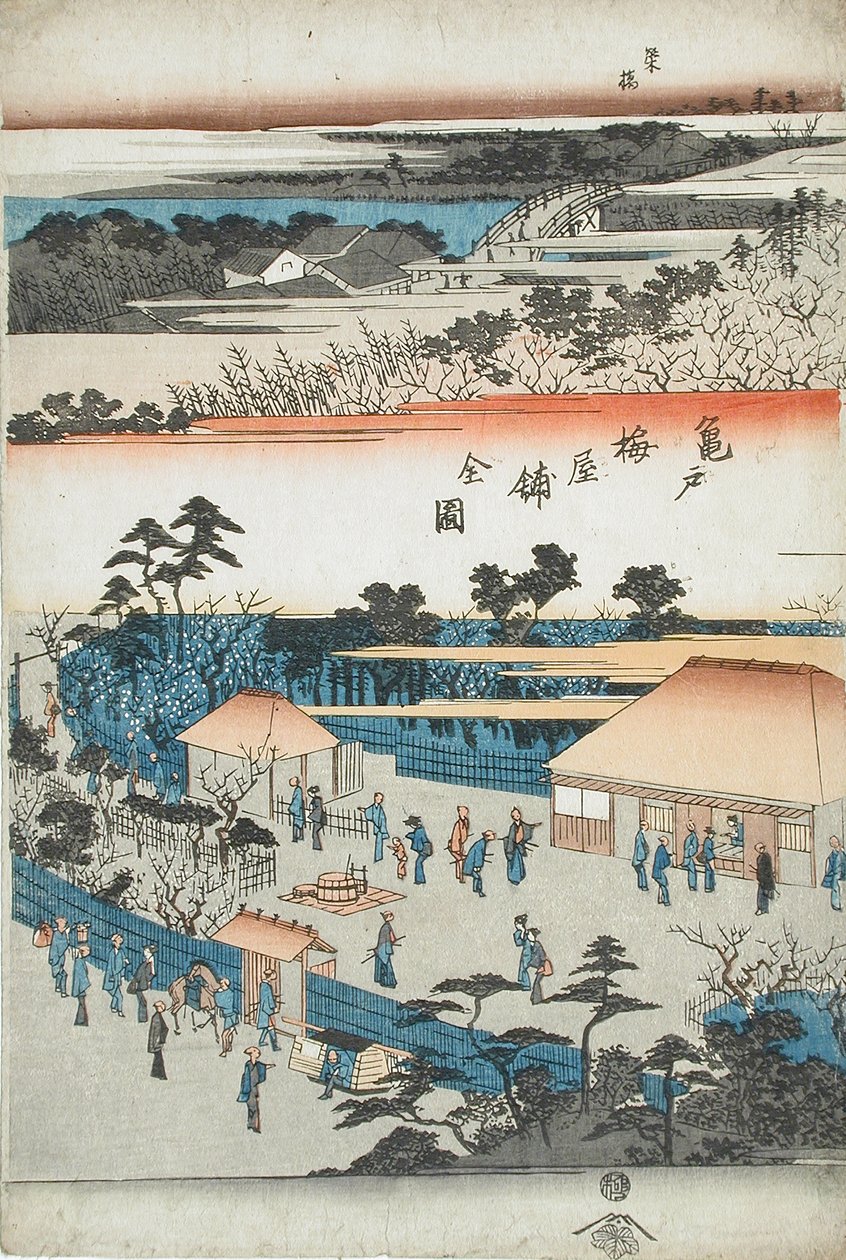 Fullständig vy över plommonträdgården i Kameido av Utagawa Hiroshige