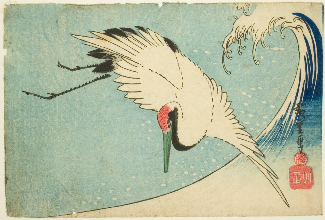 Kran som flyger över våg av Utagawa Hiroshige