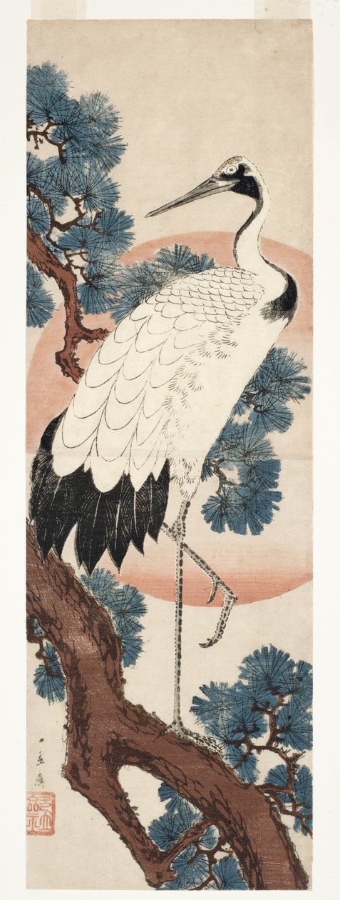 Trana i tall vid soluppgången, 1850-55 (träkloss) av Utagawa Hiroshige