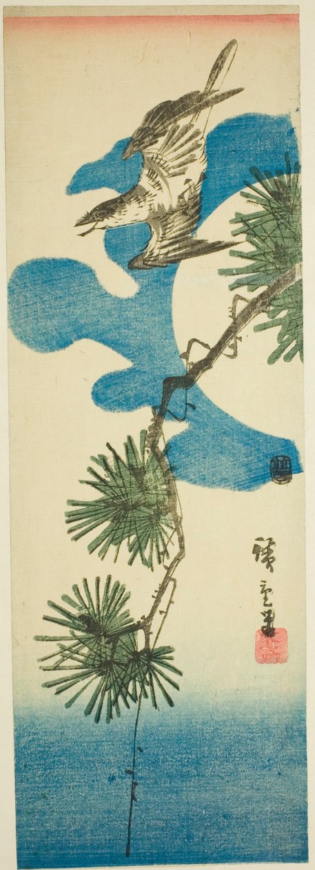 Gök, Pine Brach och Full Moon av Utagawa Hiroshige