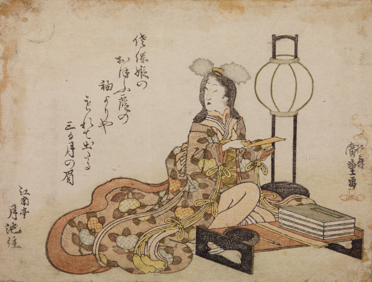 Hovdam vid ett bord och en lampa av Utagawa Hiroshige