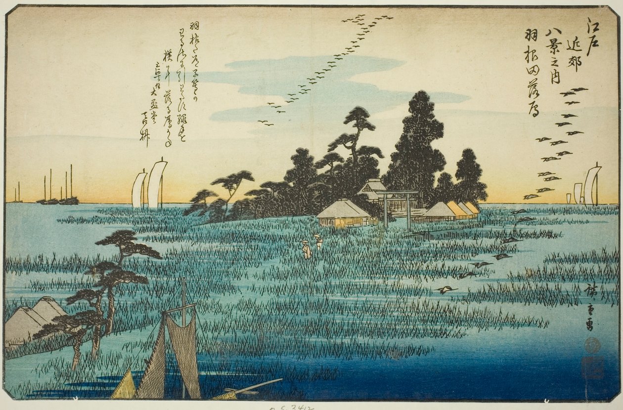 Nedfallande gäss vid Haneda (Haneda no rakugan), från serien "Eight Views in the Environs of Edo (Edo kinko hakkei no uchi)" av Utagawa Hiroshige