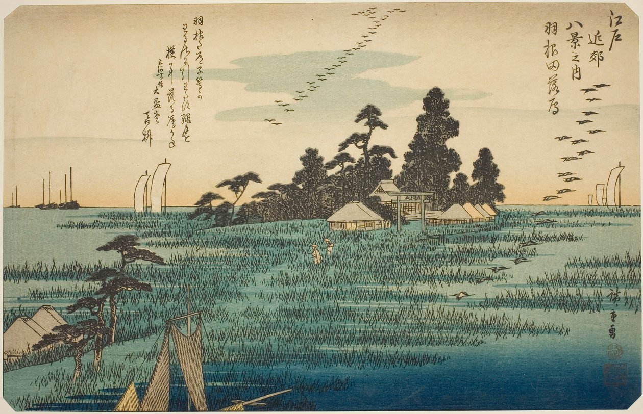 Nedfallande gäss vid Haneda (Haneda no rakugan), från serien "Eight Views in the Environs of Edo (Edo kinko hakkei no uchi)" av Utagawa Hiroshige