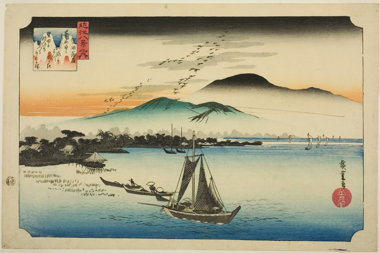 Framför frontlinjen (Rakugan Katata), från seriens "Eight views of the eight views" av Utagawa Hiroshige