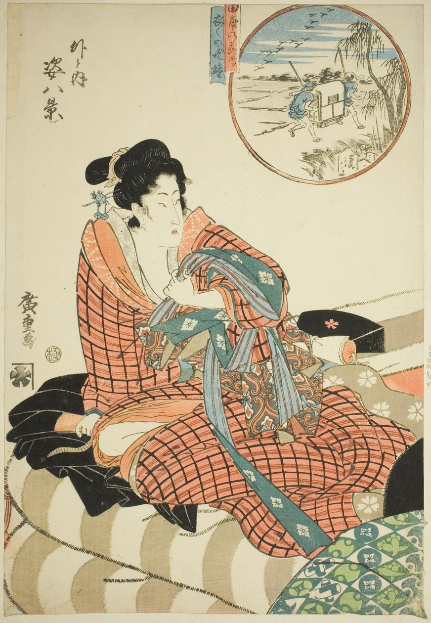 Nedstigande gäss vid risfälten (Tanbo no rakugan) och Morgonens kvällsklocka (Kinuginu no bansho), från serien "Eight Views of Figures Inside and Outside (Soto to uchi sugata hakkei)" av Utagawa Hiroshige