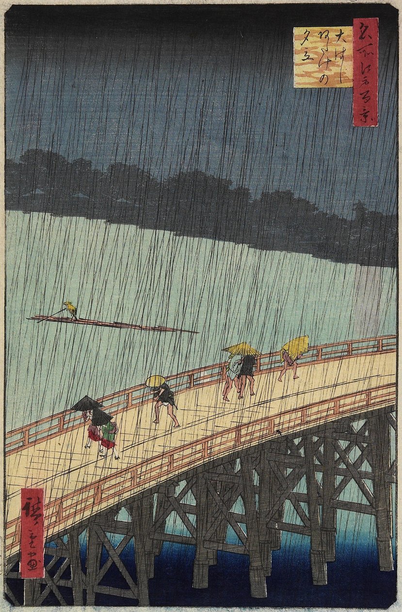 Avlägsen vy av Atake i kvällsdusch över O_hashi-bron, juli 1857 av Utagawa Hiroshige