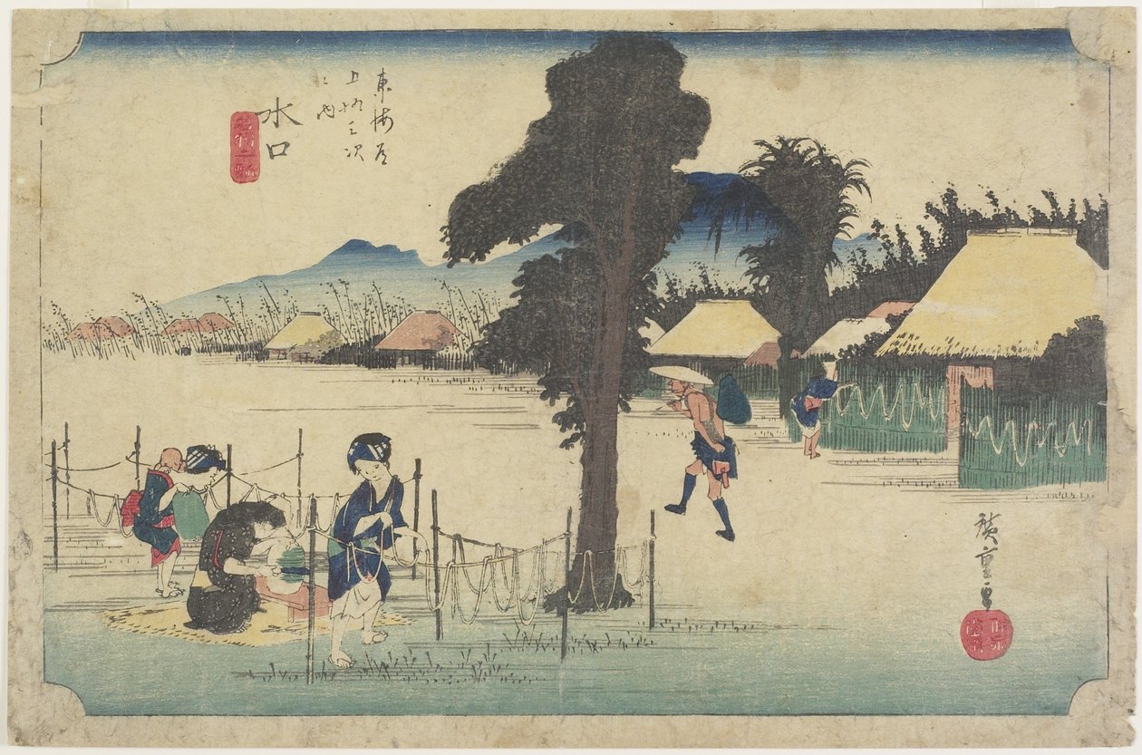 Torkning av spån från en kalebass, Minakuchi, ca. 1833 av Utagawa Hiroshige
