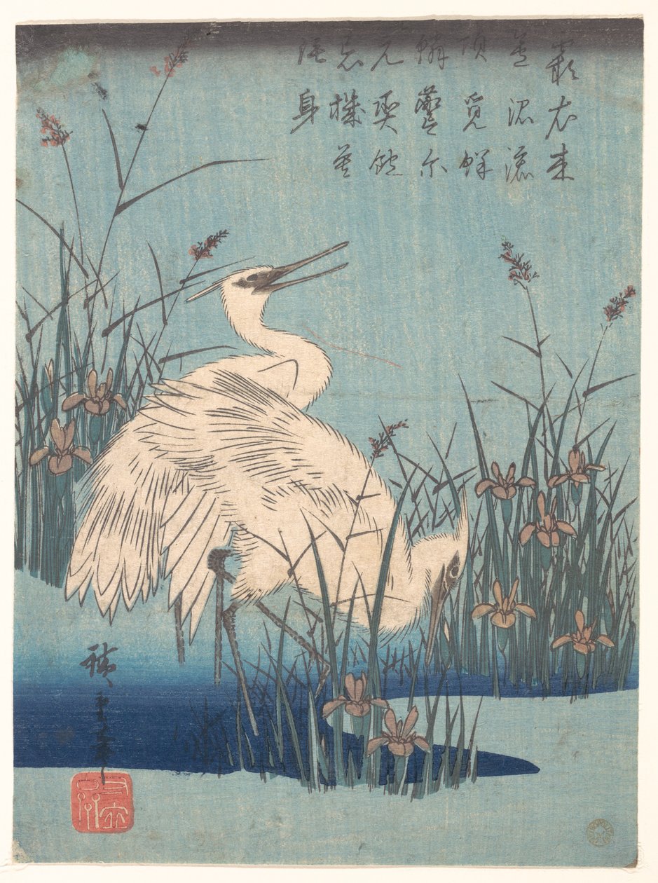Ägretthäger bland iris och gräs av Utagawa Hiroshige
