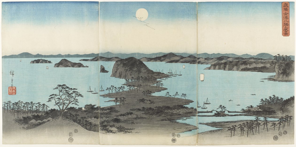 Åtta utsikter över Kanazawa i Musashi-provinsen på natten, juli 1857 av Utagawa Hiroshige