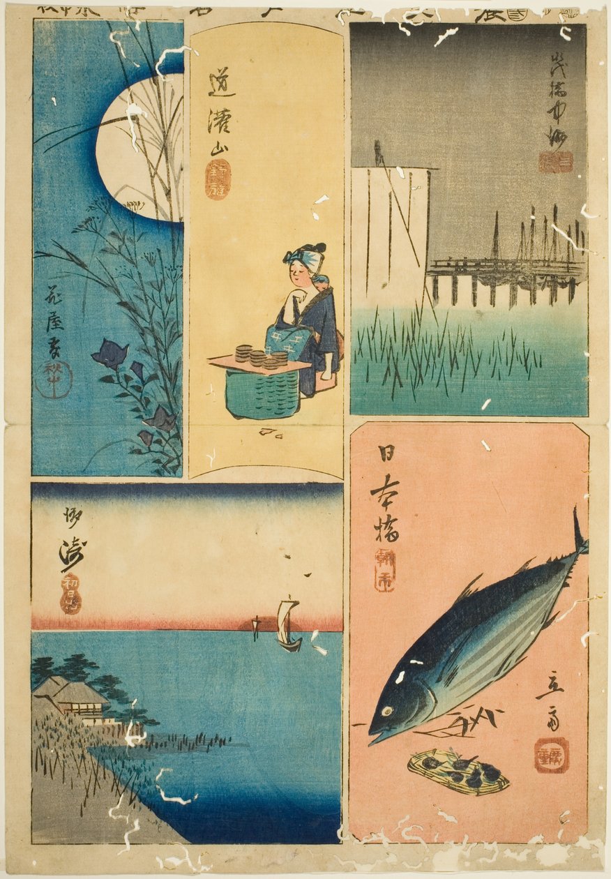 Eitai Bridge, Nihon Bridge, Susaki, Flower Garden och Dokan Hill (Eitaibashi, Nihonbashi, Susaki, Hanayashiki, Dokanyama), från serien "Cutouts of Famous Places in Edo (Harimaze Koto meisho)" av Utagawa Hiroshige