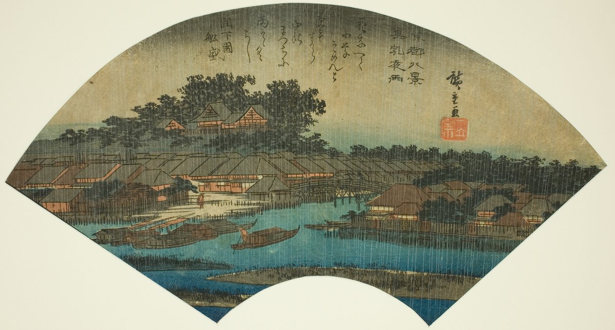 Evening Rain at Matsuchiyama (Matsuchiyama yau), från serien "Eight Views of the Eastern Capital (Toto hakkei)" av Utagawa Hiroshige