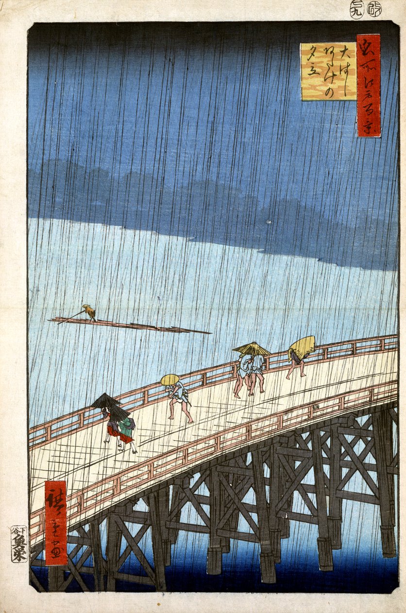 Kvällsdusch vid Atake och den stora bron, 1856-1858. av Utagawa Hiroshige