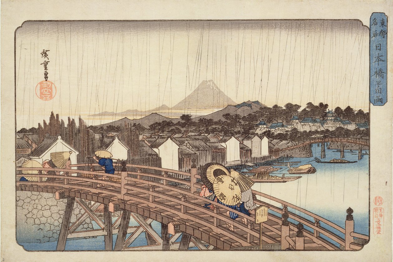 Kvällsdusch vid Nihonbashi Bridge, från berömda platser i den östra huvudstaden ca. 1832 (träblock i färg) av Utagawa Hiroshige
