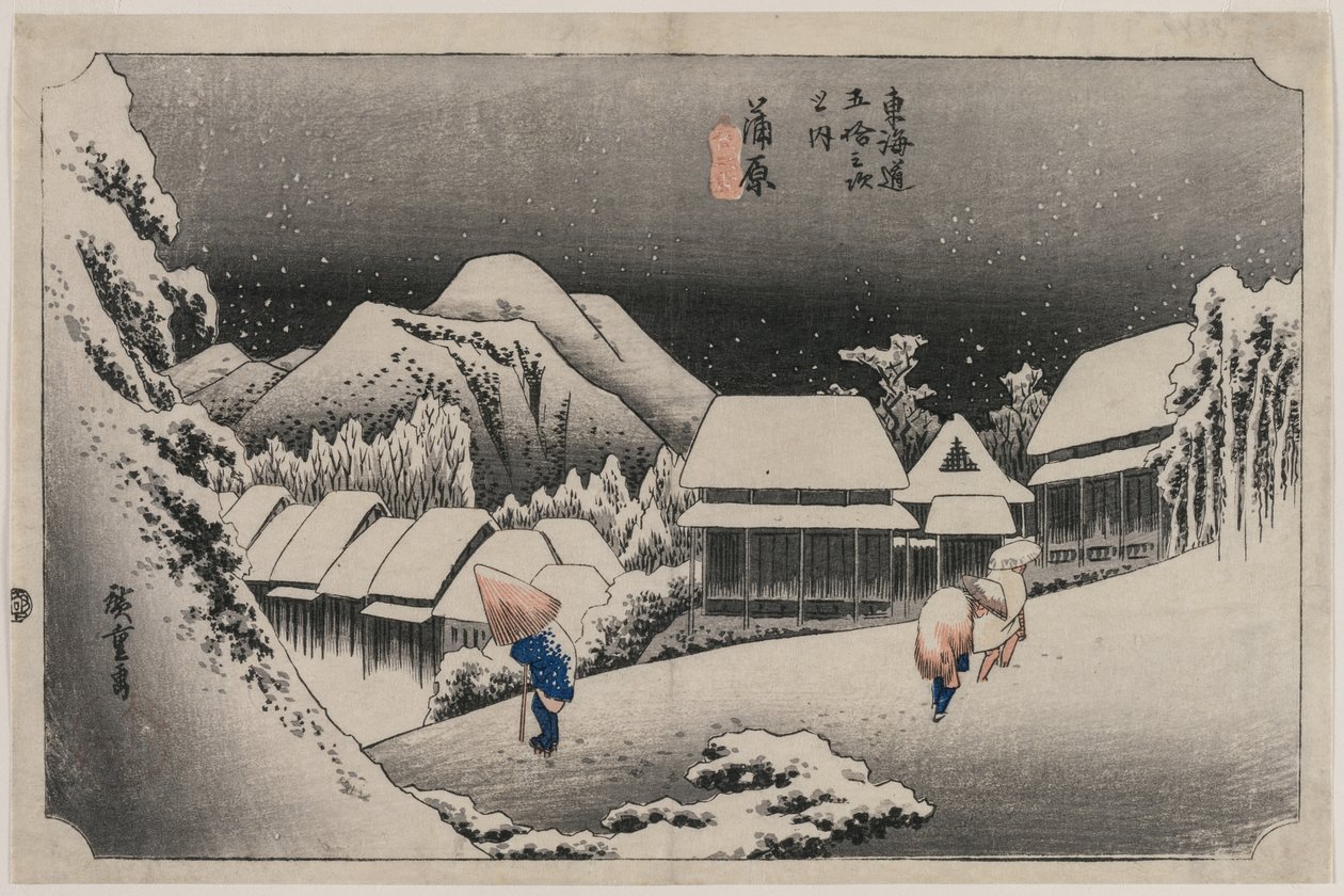 Evening Snow at Kambara (nummer sexton i serien Fifty-three Stations of the Tokaido) av Utagawa Hiroshige